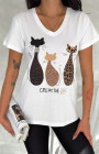 Büyük Beden Beyaz Kediler Desenli V-Yaka T-Shirt Büyük Beden Beyaz Kediler Desenli V-Yaka T-Shirt