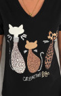 Büyük Beden Kediler Desenli V-Yaka T-Shirt Büyük Beden Kediler Desenli V-Yaka T-Shirt