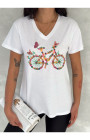 Bisiklet Desenli V-Yaka T-Shirt Bisiklet Desenli V-Yaka T-Shirt