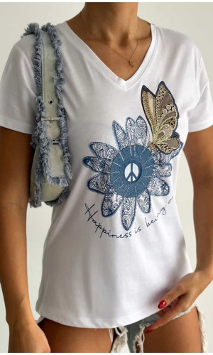 Çiçek Desenli V-Yaka T-Shirt