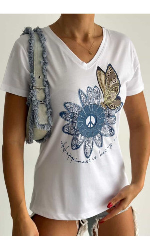 Çiçek Desenli V-Yaka T-Shirt