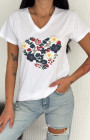 Çiçekli Kalp Desenli V-Yaka T-Shirt Çiçekli Kalp Desenli V-Yaka T-Shirt