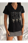 Siyah Kedi Desenli V-Yaka T-Shirt Siyah Kedi Desenli V-Yaka T-Shirt