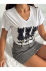 Beyaz Kedi Desenli V-Yaka T-Shirt Beyaz Kedi Desenli V-Yaka T-Shirt