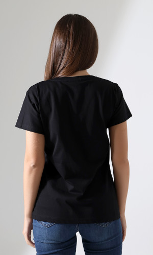 Siyah Kedi Desenli V-Yaka T-Shirt