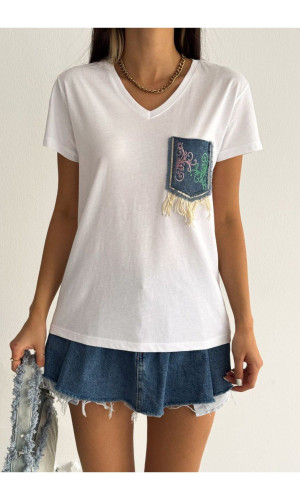 Kot Cep Desenli V-Yaka T-Shirt