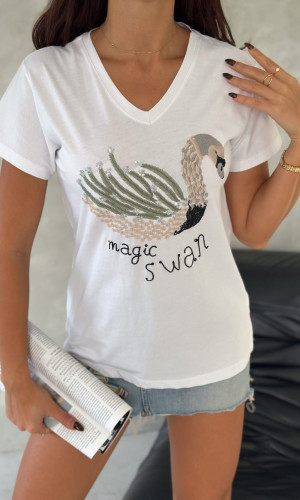 Kuğu Desenli V-Yaka T-Shirt