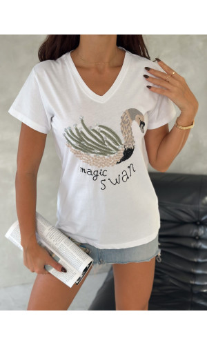 Kuğu Desenli V-Yaka T-Shirt