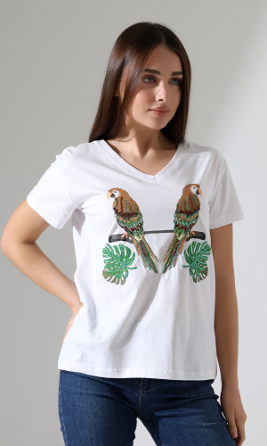Kuşlar Desenli V-Yaka T-Shirt