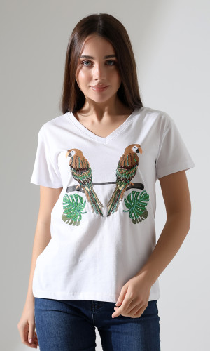 Kuşlar Desenli V-Yaka T-Shirt