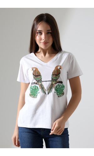 Kuşlar Desenli V-Yaka T-Shirt
