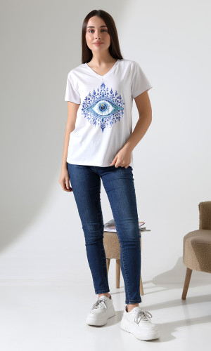 Mavi Göz Desenli V-Yaka T-Shirt
