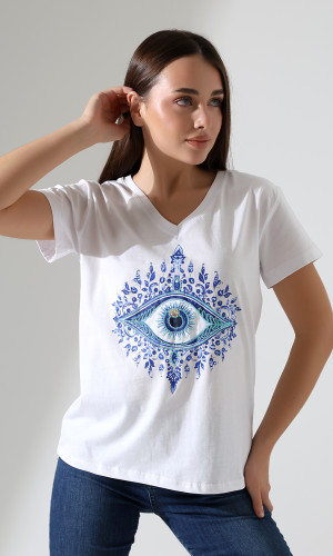 Mavi Göz Desenli V-Yaka T-Shirt