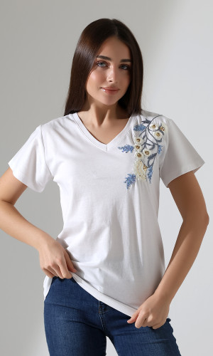 Papatya Desenli V-Yaka T-Shirt