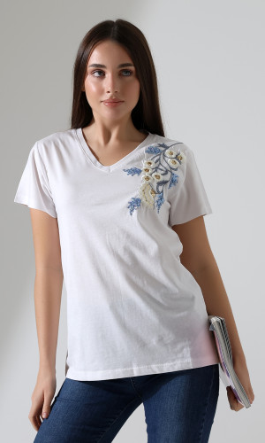 Papatya Desenli V-Yaka T-Shirt