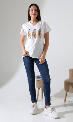 Sarı Tüy Desenli V-Yaka T-Shirt