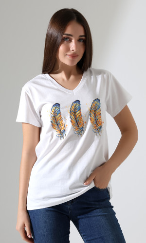 Sarı Tüy Desenli V-Yaka T-Shirt