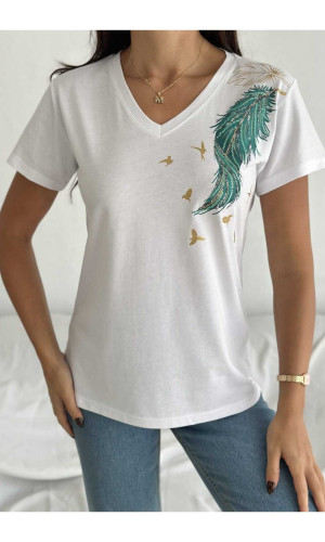Yeşil Tüy Desenli V-Yaka T-Shirt