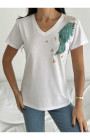 Yeşil Tüy Desenli V-Yaka T-Shirt