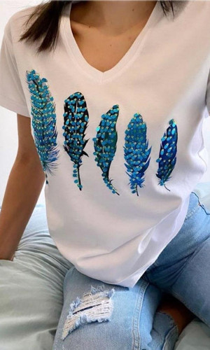 Mavi Tüy Desenli V-Yaka T-Shirt