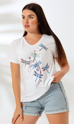 Yusufçuk Desenli V-Yaka T-Shirt