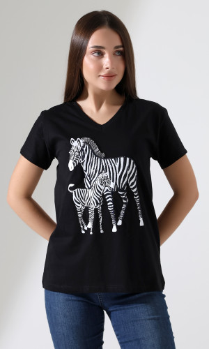 Siyah Zebra Desenli V-Yaka T-Shirt
