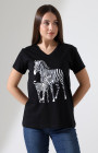 Siyah Zebra Desenli V-Yaka T-Shirt