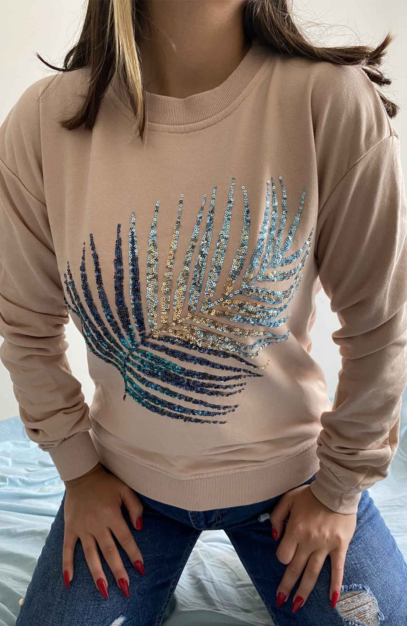 Sütlü Kahve Yaprak işlemeli Sweatshirt