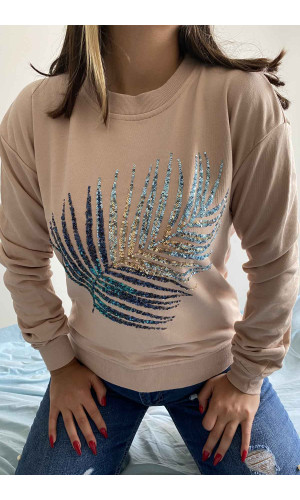 Sütlü Kahve Yaprak işlemeli Sweatshirt