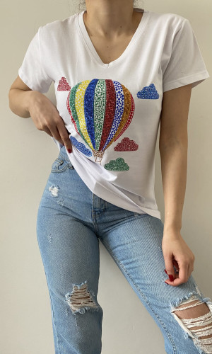 Balon Desenli Pul Payet V-Yaka T-Shirt 