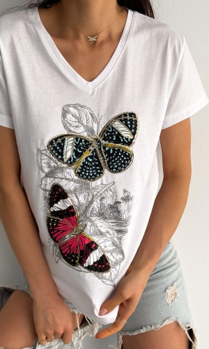 Kelebek Desenli Pul Payet V-Yaka T-Shirt 
