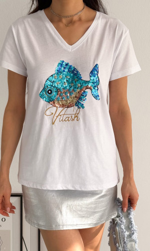 Balık Desenli Pul Payet V-Yaka T-Shirt 