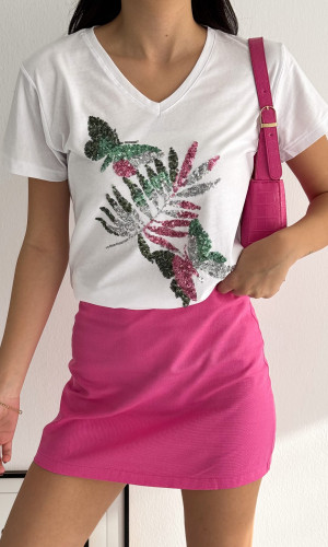 Çiçekler Desenli Pul Payet V-Yaka T-Shirt 